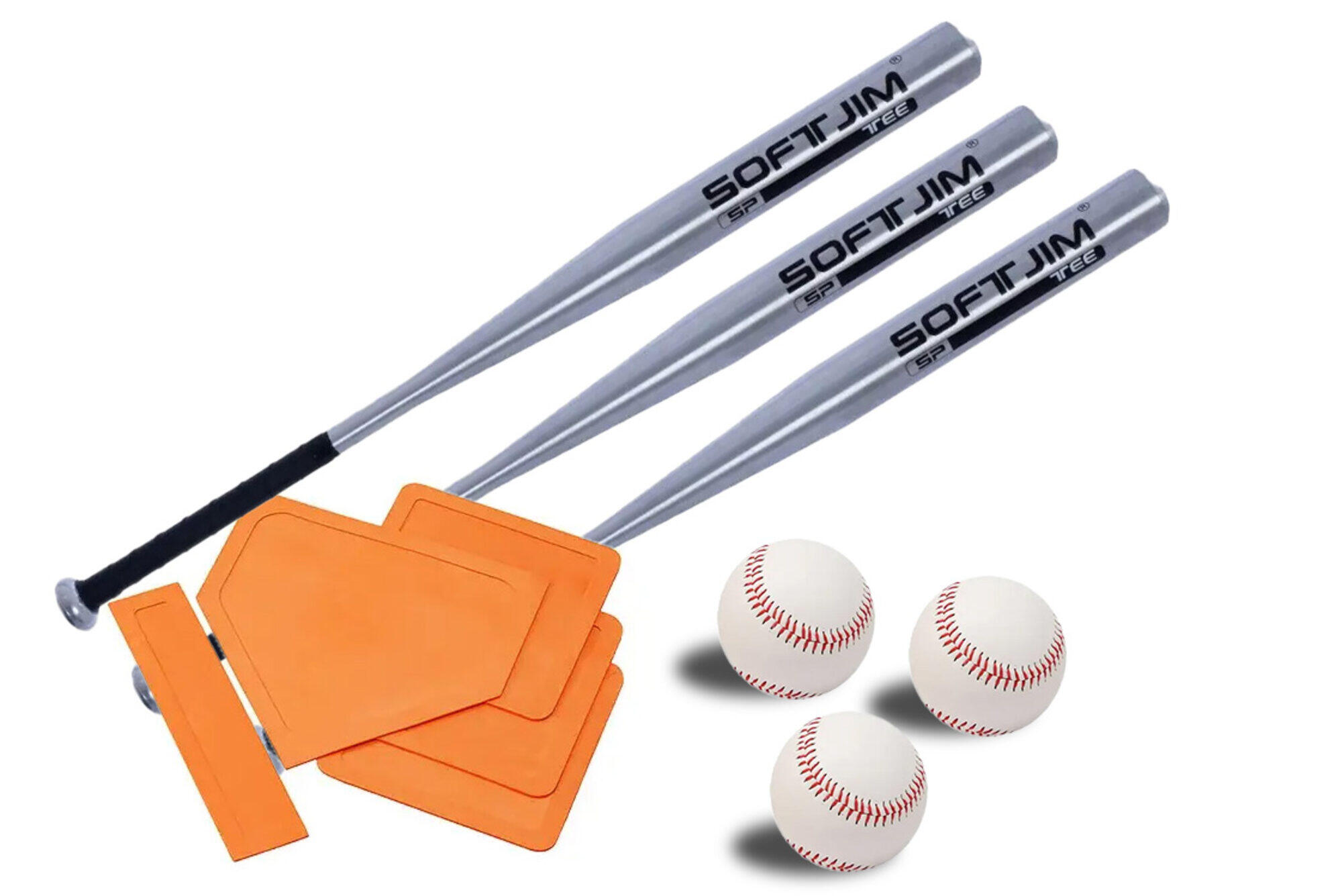 Zestaw 3 aluminiowych pałek, 3 piłek baseballowych i podstawek