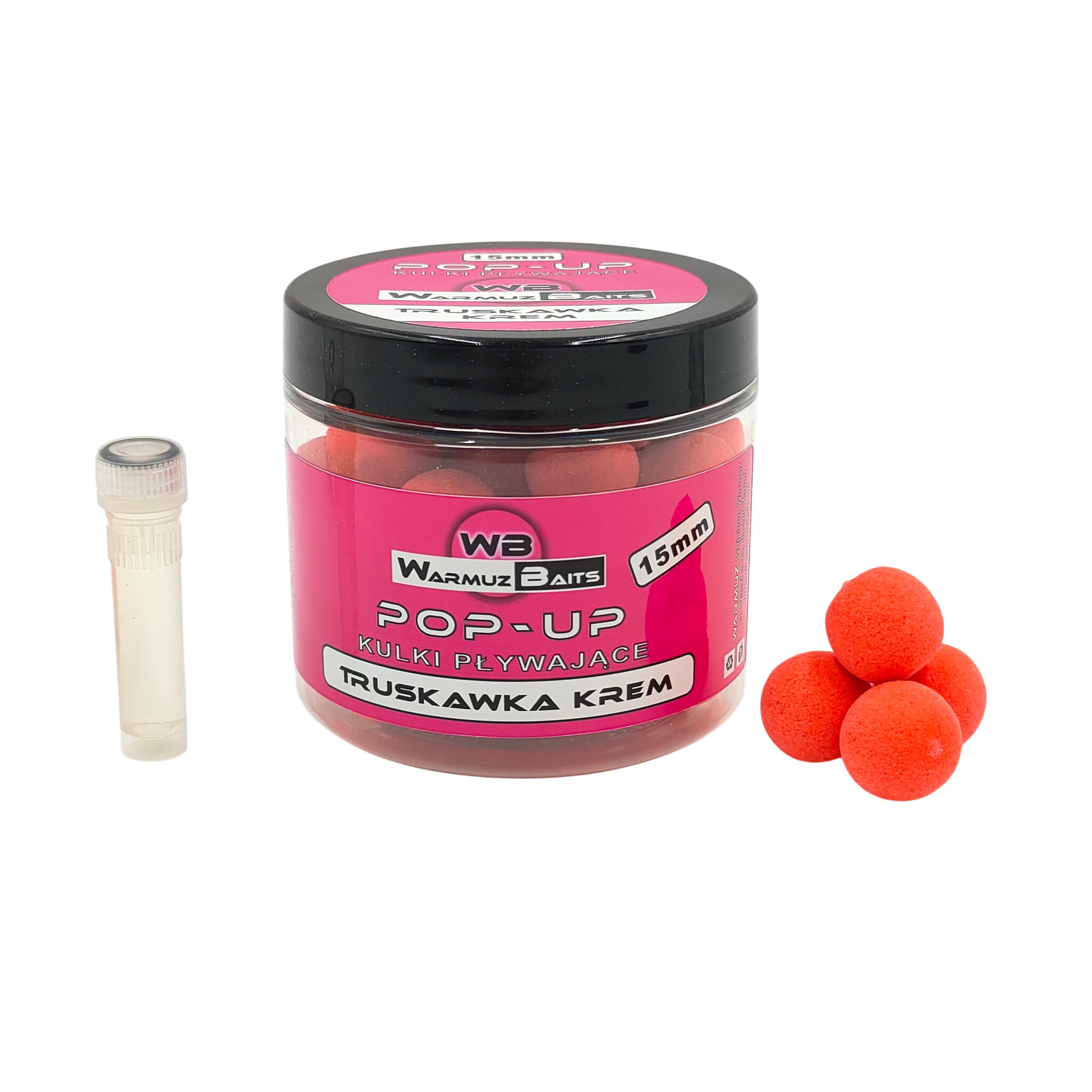Kulki Pływające Pop Up 15mm + dopalacz Warmuz Baits 200ml TRUSKAWKA KREM