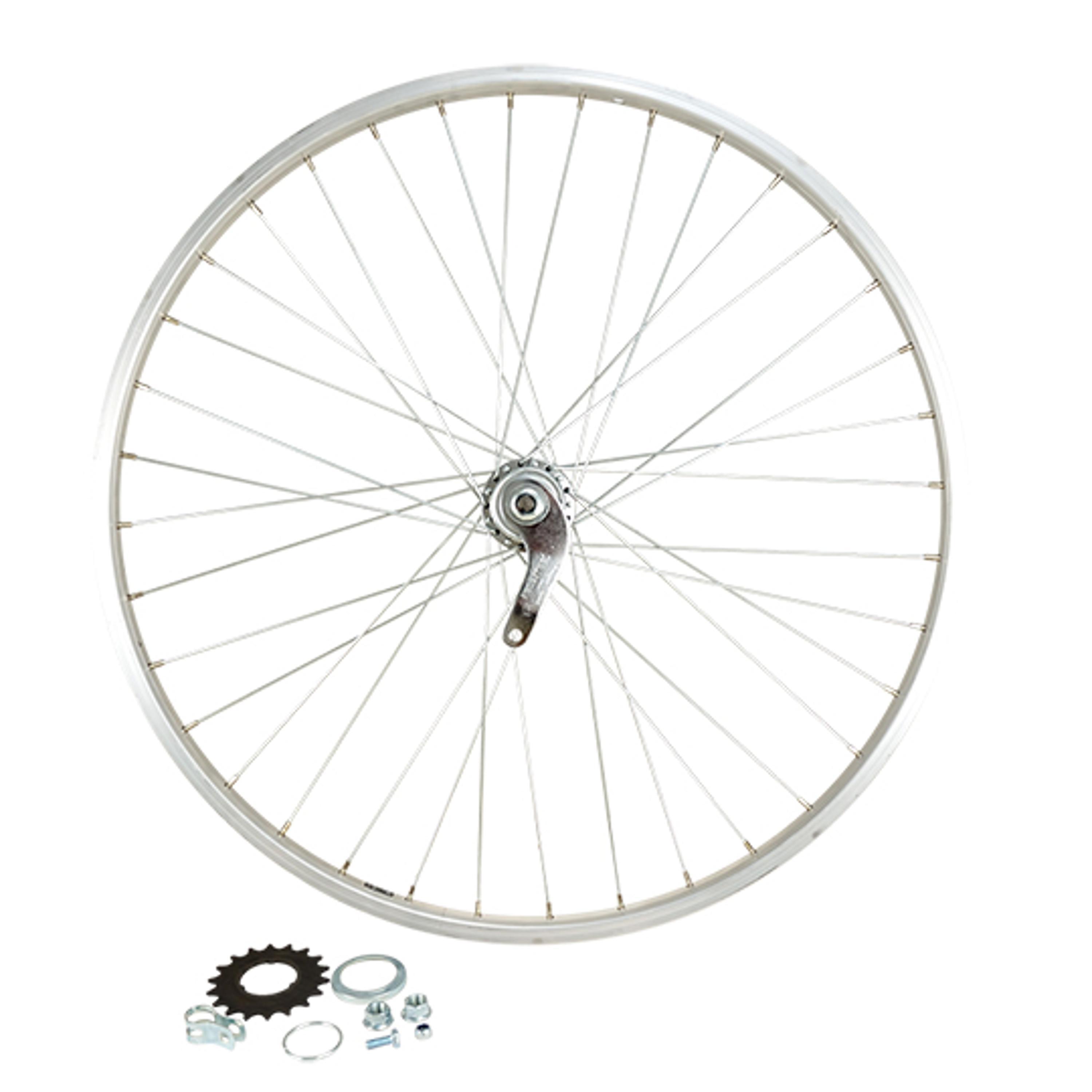 Tył koła rowerowego, nakrętka, oś pełna, obręcz aluminiowa Velox Moy. Velosteel