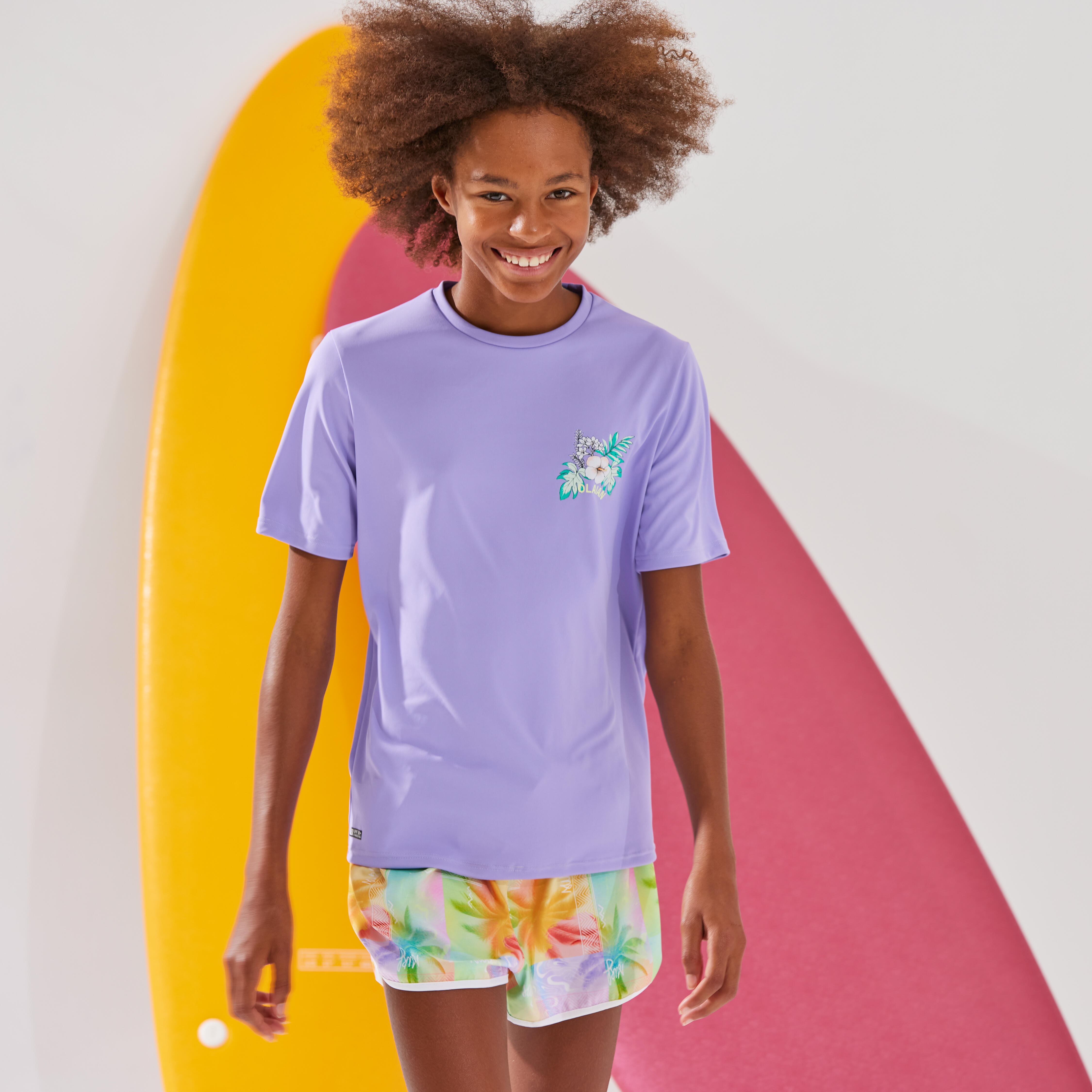 Koszulka UV surfingowa dla dzieci Decathlon Water T-shirt 100 Ibiscus