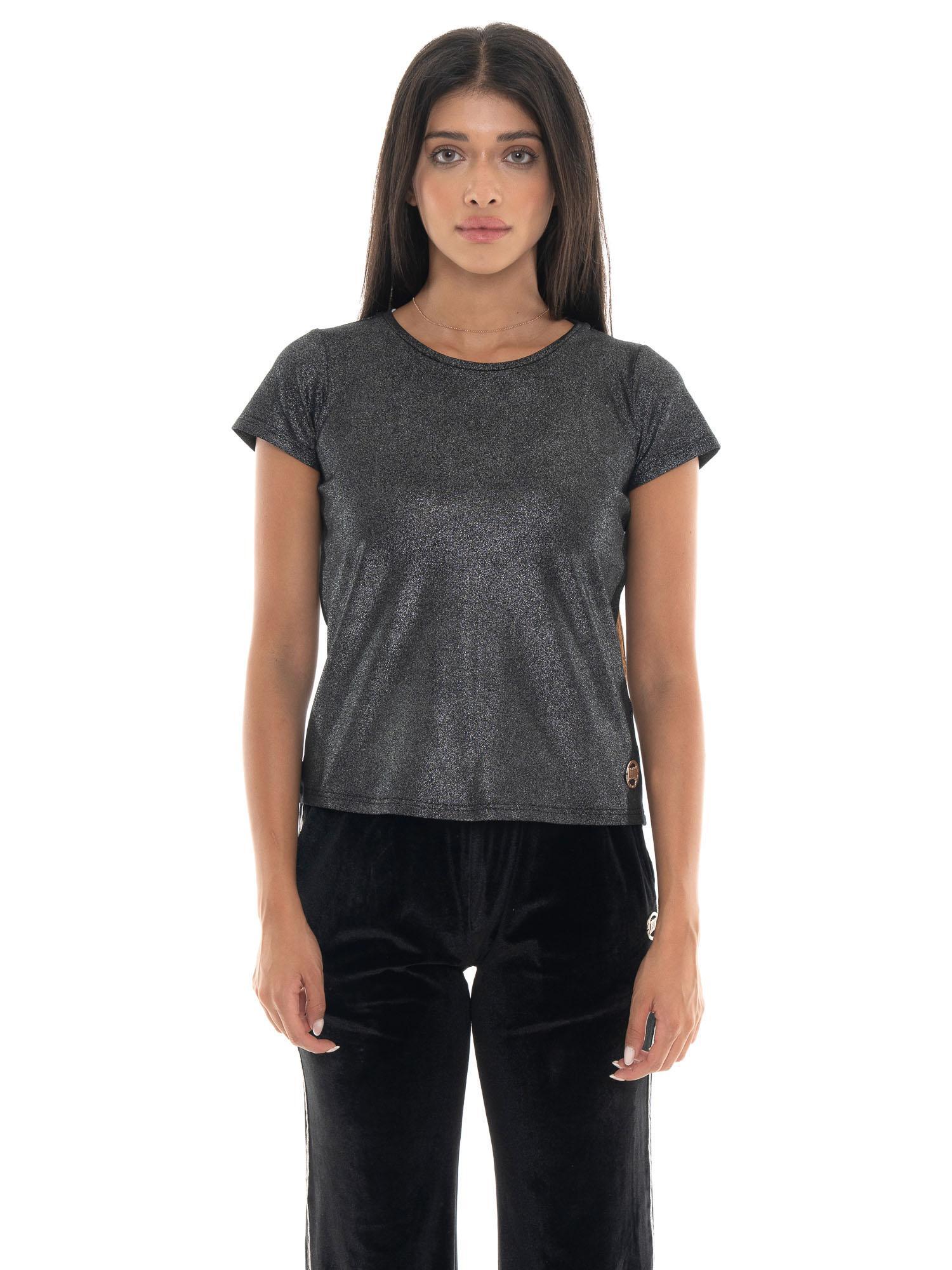 Leone 1947 Damen-T-Shirt ze złotymi Nieten und kurzen Ęrmeln aus Lurex