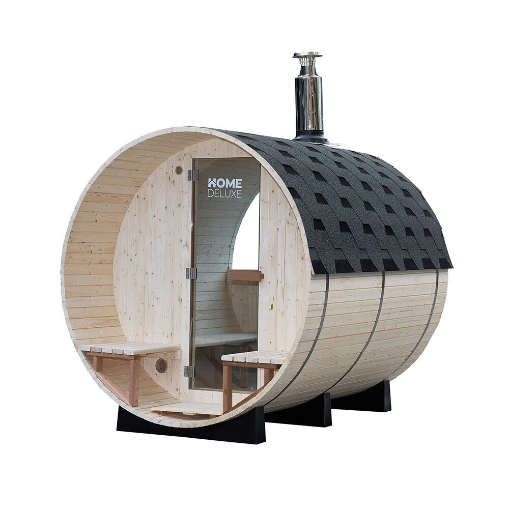 Sauna beczkowa LAGOM DELUXE z piecem drewnianym ⌀210×240 cm 4-6 os