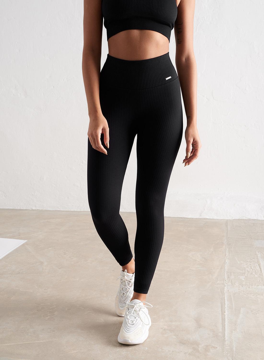 Damskie legginsy bezszwowe, prążkowane, wysoki stan, squat proof czarne