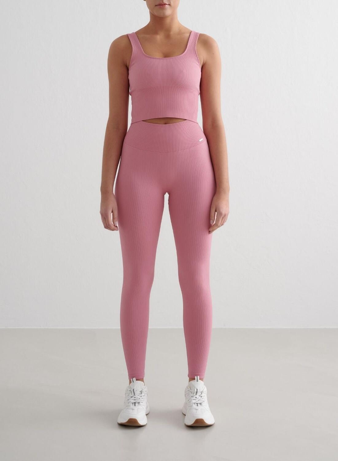 Damskie legginsy bezszwowe, prążkowane, wysoki stan, squat proof różowe