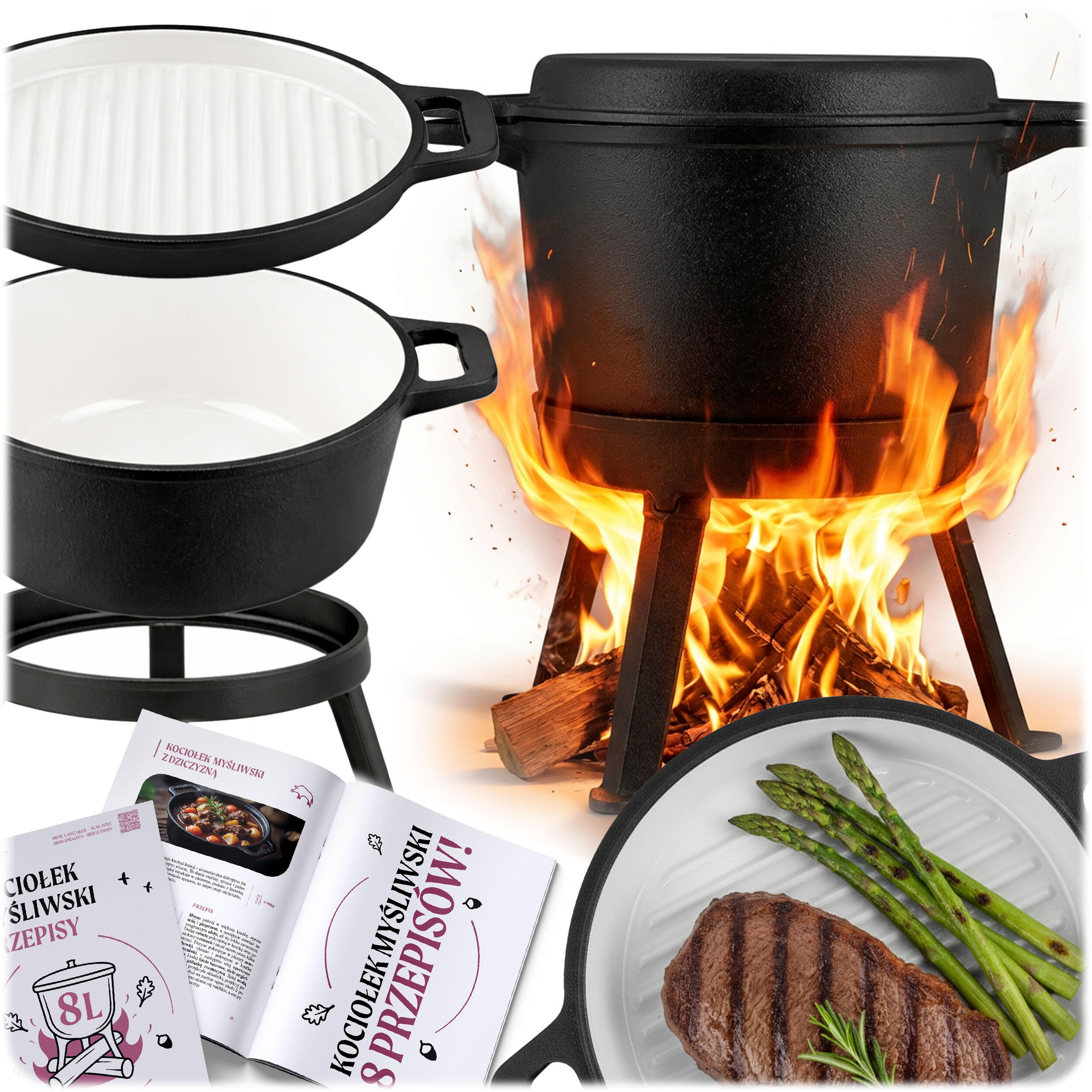 Kociołek żeliwny emaliowany Berdsen BD-480 garnek 8L stojący + patelnia grill