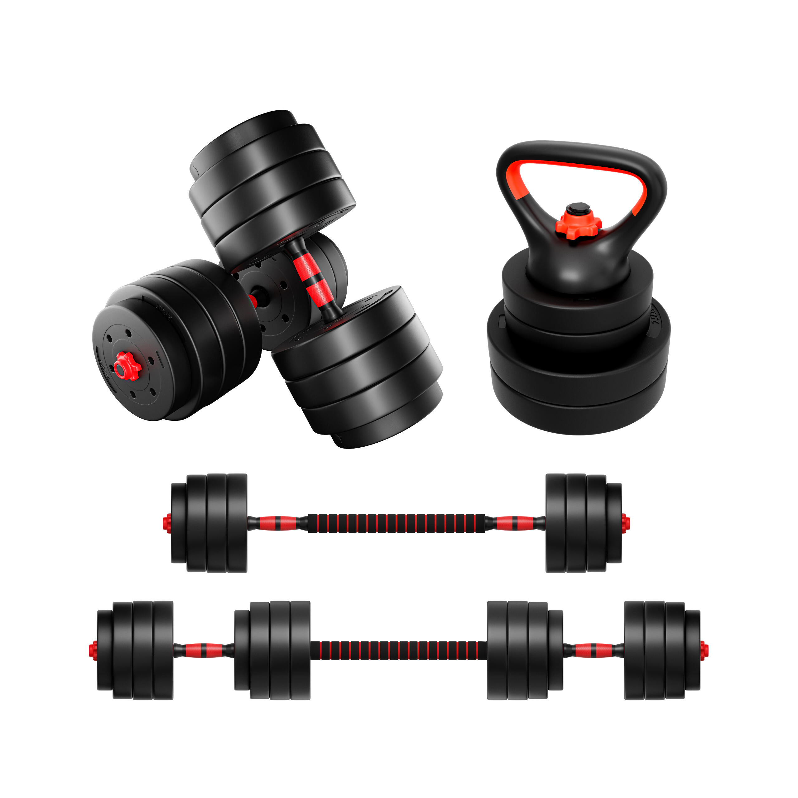 Zestaw regulowanych hantli bitumicznych 2x20kg z łącznikiem sztangi i kettlebell