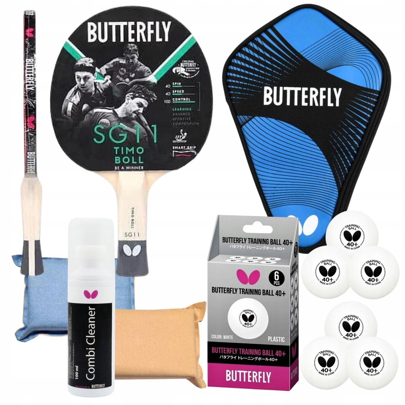 ZESTAW DO TENISA STOŁOWEGO RAKIETKA BUTTERFLY SG11, PIŁECZKI, PŁYN I GĄBKA