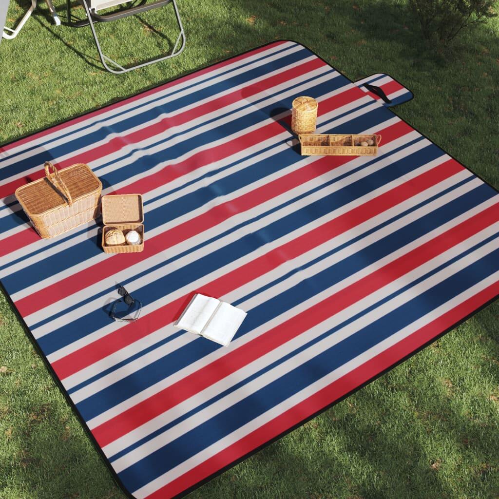 VidaXL Składany koc piknikowy 200x200 cm welwet czerwono-niebieski w paski