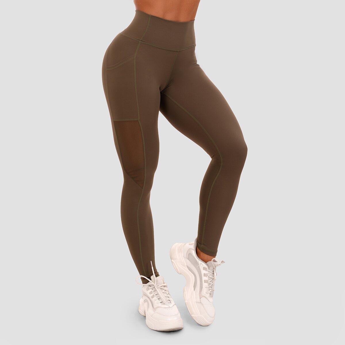 Legginsy damskie fitness z wysokim stanem oliwkowe Mesh Panel
