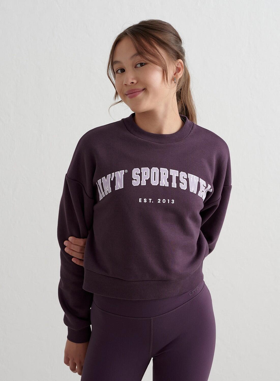 Dziewczęca bluza dresowa, miękka, pudełkowy krój Young Varsity ciemnośliwkowa