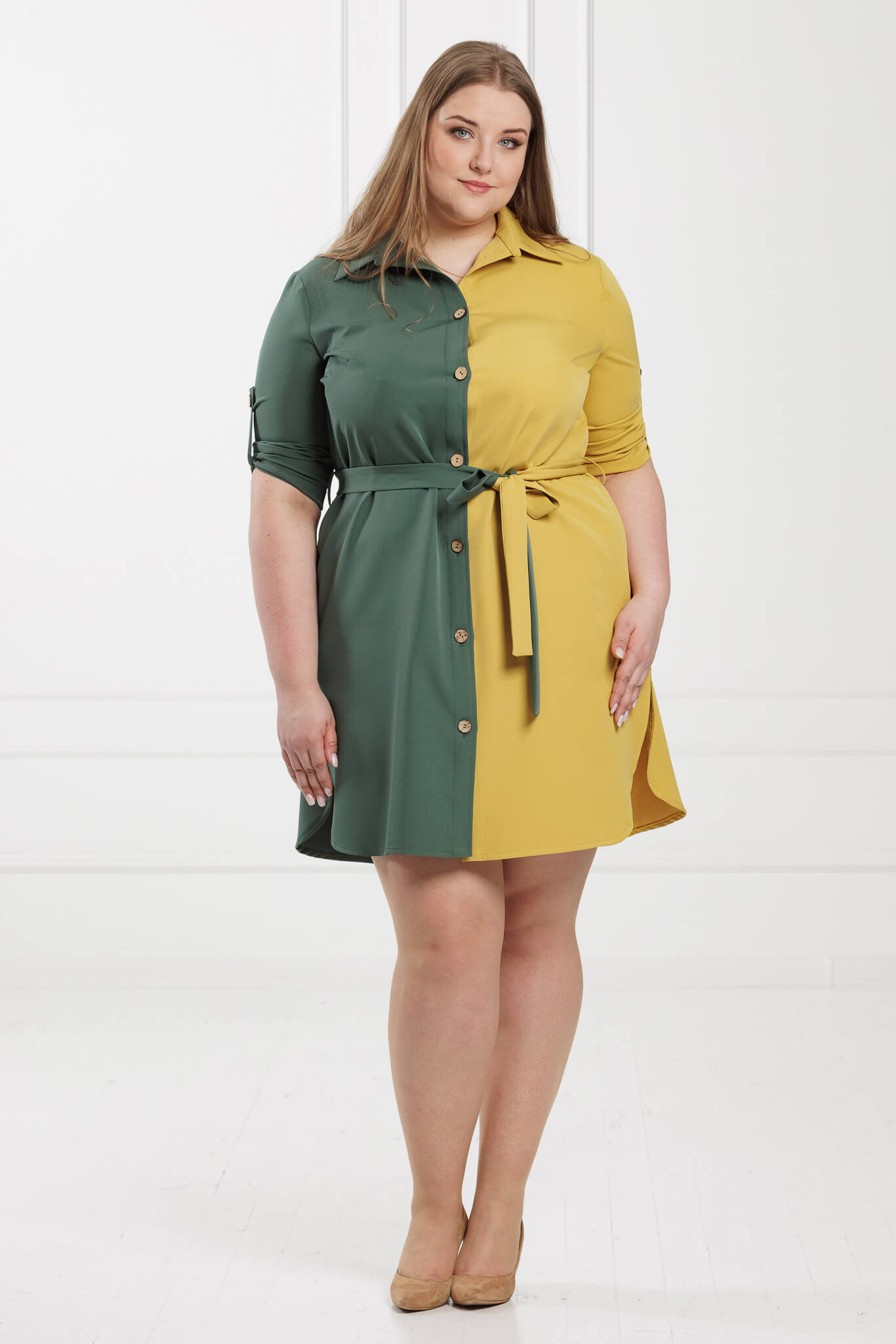 Sukienka Wyjątkowa dwukolorowa sukienka Cindy oliwkowo-żółta rękaw 3/4PLUS SIZE