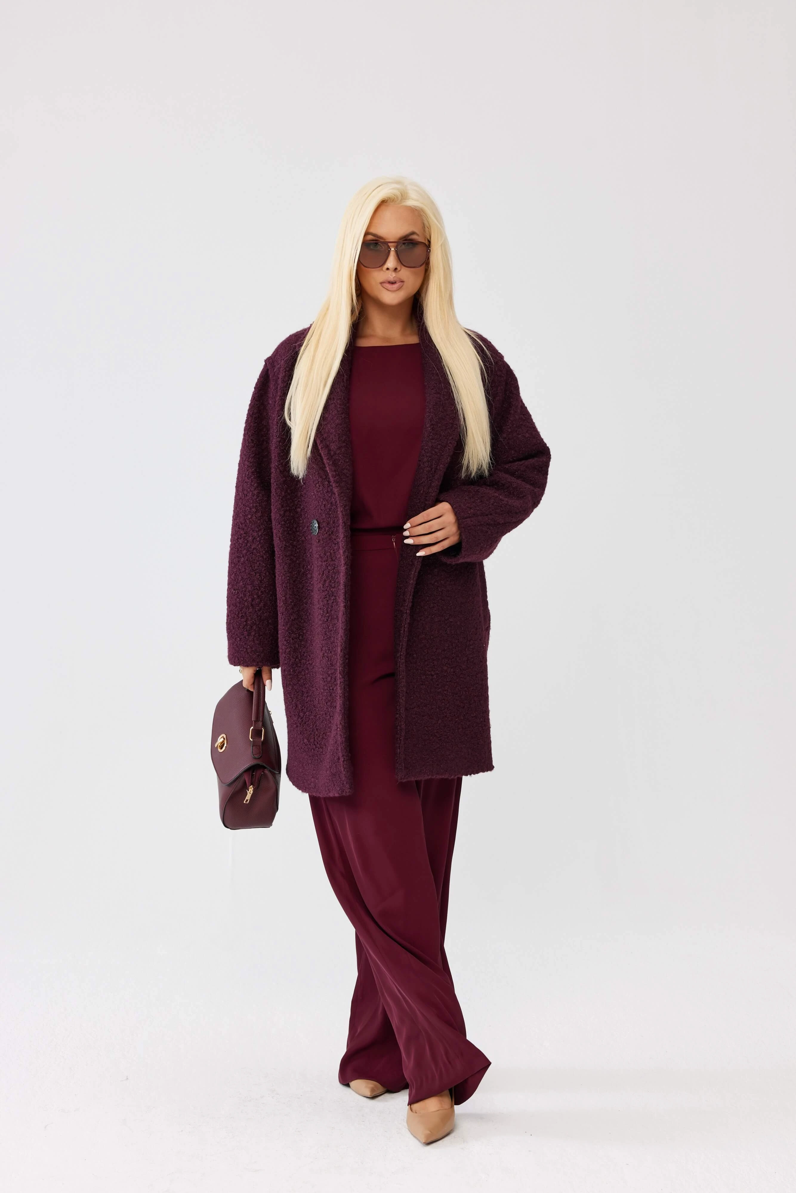 Damski płaszcz Isabella z tkaniny bukla w kolorze burgundowym - elegancja i komfort PLUS SIZE XXL OVERSIZE