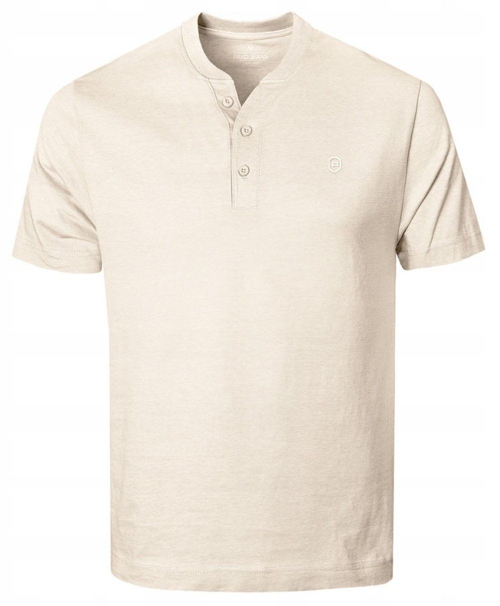 Koszulka Męska (T-Shirt) na Stójce z Guzikami - Pako Jeans - Jasny Beż