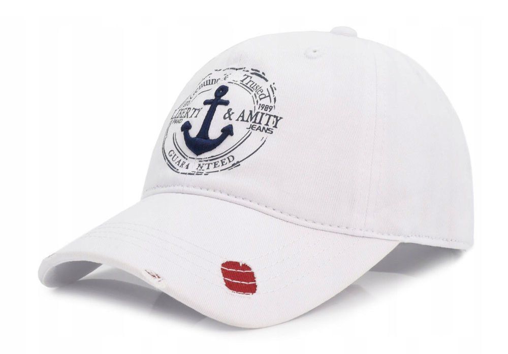 Bawełniana Czapka z Daszkiem (Bejsbolówka) - Pako Jeans - Biała, Przetarcia