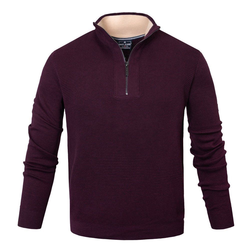 Bawełniany Sweter Męski, Wysoki Dekolt na Zamek - Pako Jeans - Śliwkowy