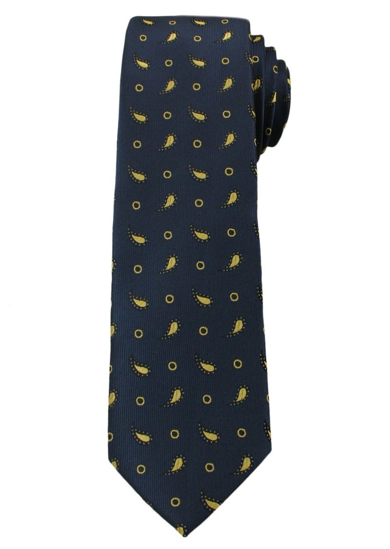 Krawat Męski z Żółtym Wzorem PAISLEY- 6 cm - Angelo di Monti, Ciemnogranatowy