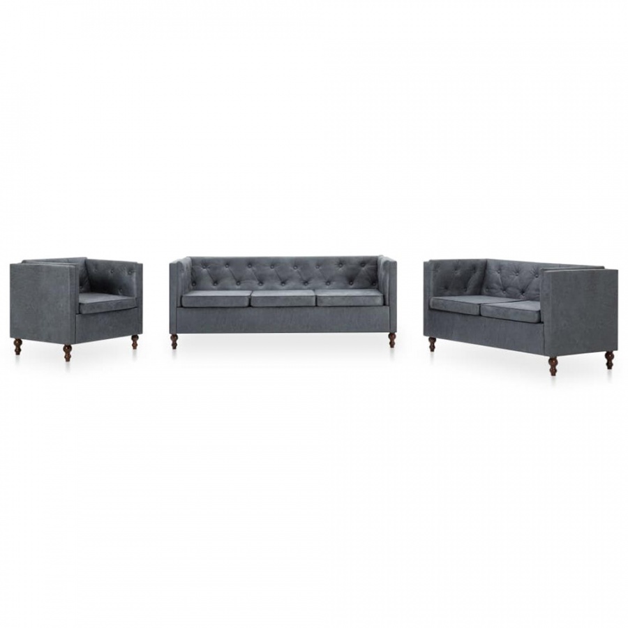 Zestaw mebli w stylu Chesterfield, 3 szt., tkanina, szare 1 Zestaw mebli w stylu Chesterfield, 3 szt., tkanina, szare