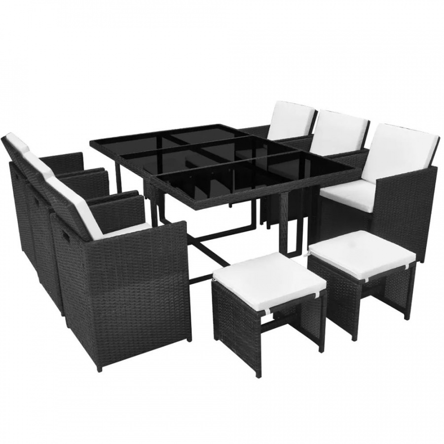 11-cz. zestaw mebli ogrodowych z poduszkami, rattan PE, czarny 1 11-cz. zestaw mebli ogrodowych z poduszkami, rattan PE, czarny