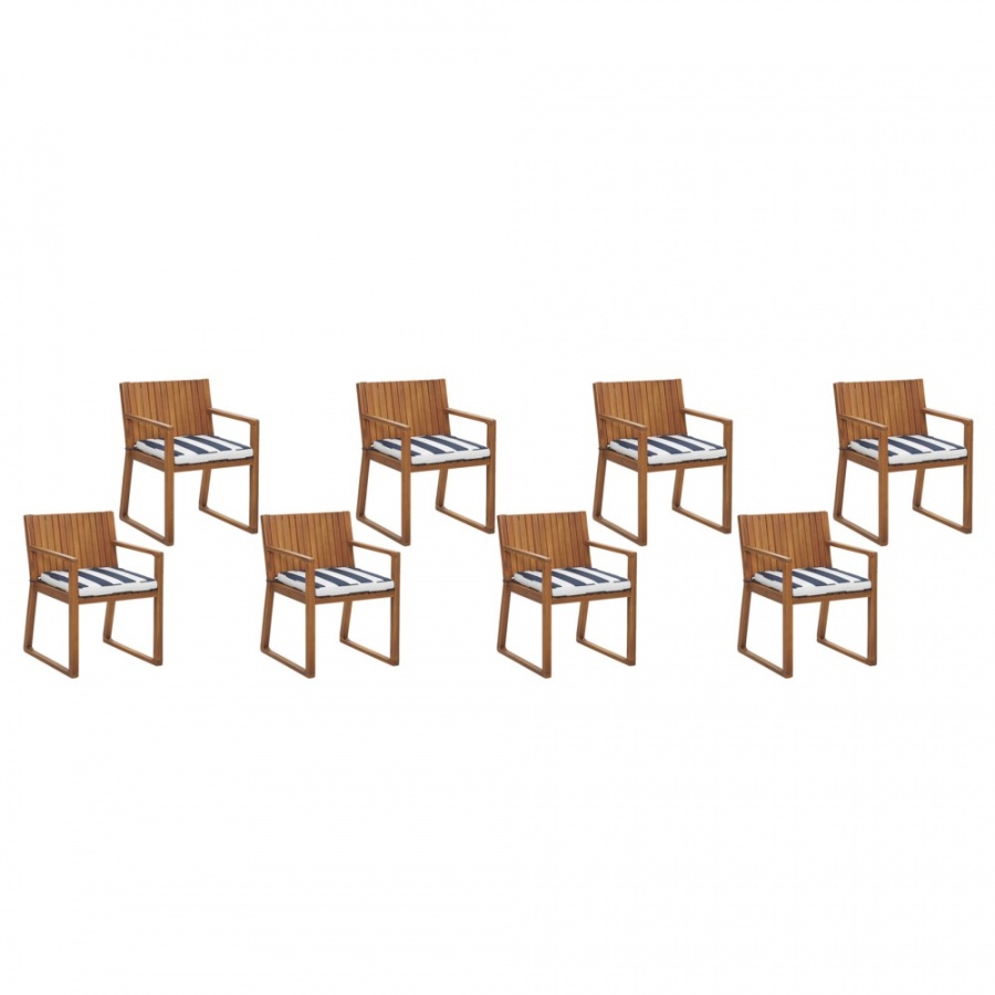 Zestaw 8 krzeseÅ‚ ogrodowych drewnianych z poduszkami niebiesko-biaÅ‚ymi SASSARI