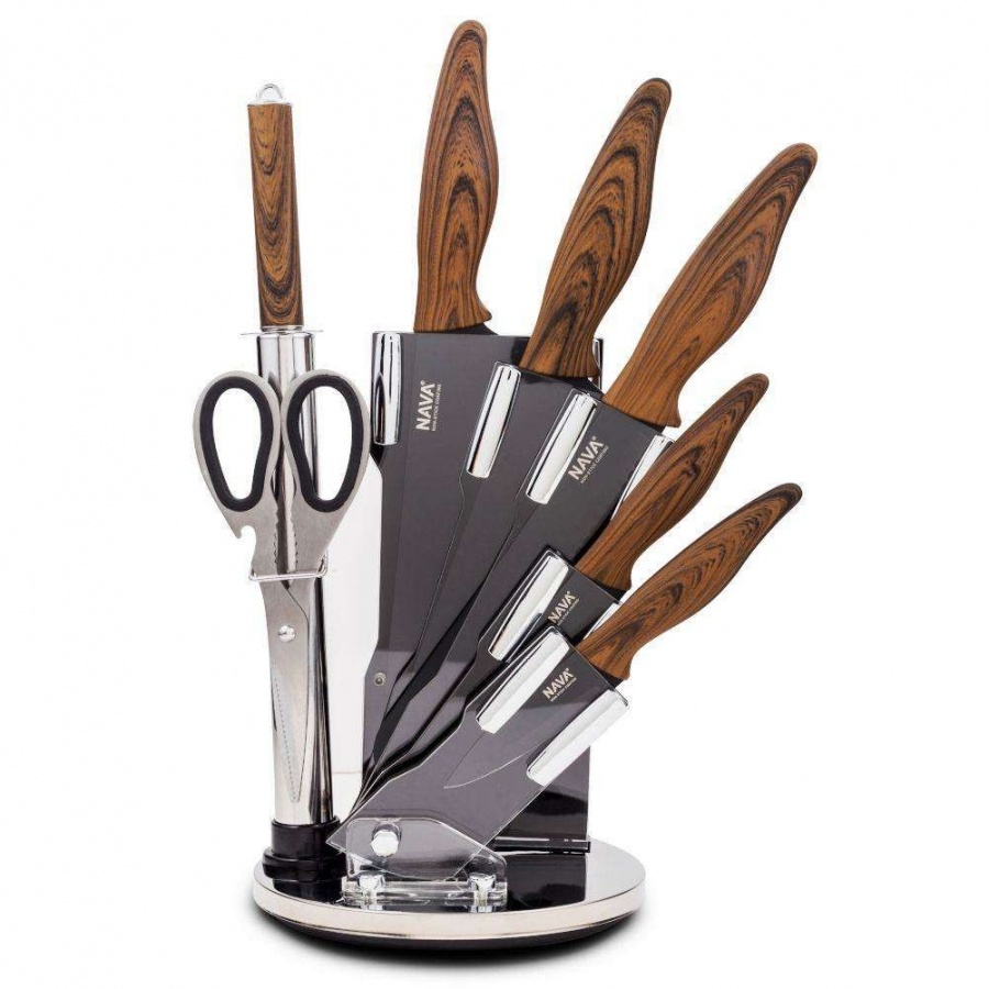Фото - Кухонні ножиці NAVA Nóż, noże stalowe, czarne, z brązową rączką, zestaw, komplet noży, 7 