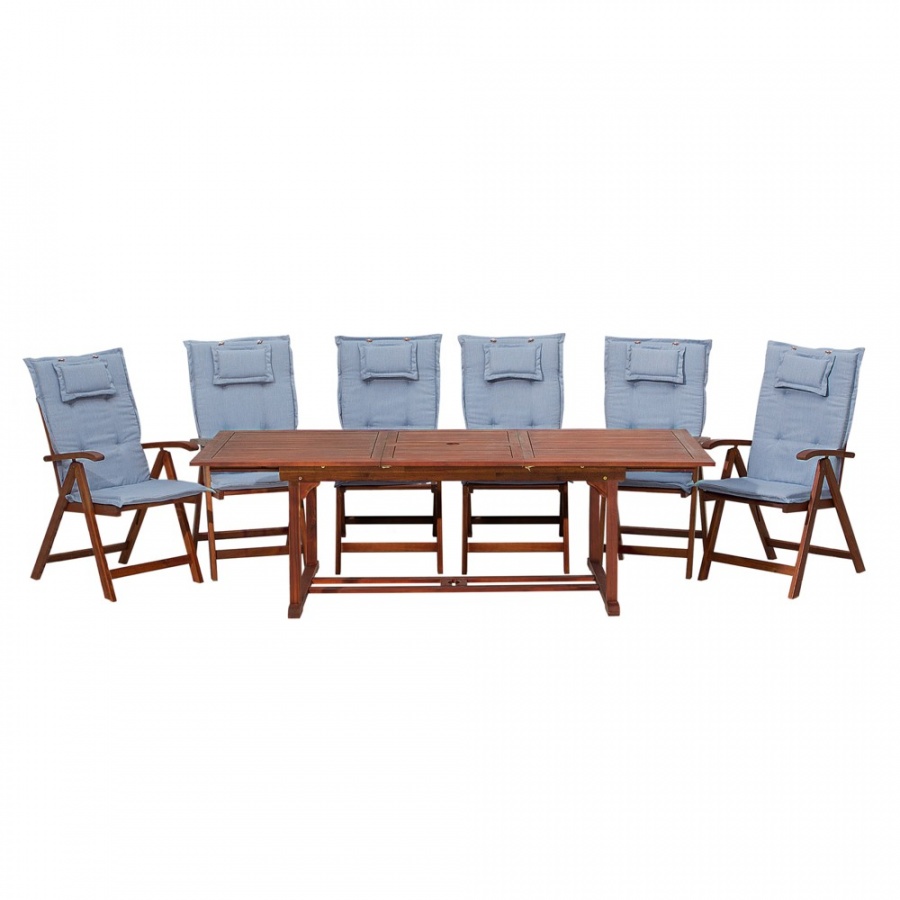 Фото - Садові меблі BLmeble Zestaw ogrodowy drewniany stół i 6 krzeseł z niebieskimi poduszkam 