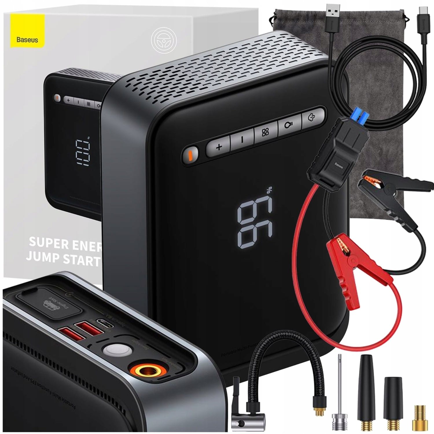 Baseus 2w1 powerbank Jump Starter 8000mAh (1000A/500A) / kompresor do opon 5-150 PSI czarny