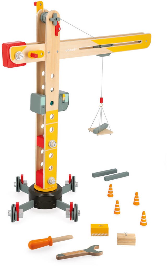 Dźwig,pojazdy budowalne Janod Duży Drewniany Dźwig Do Składania z Narzędziami