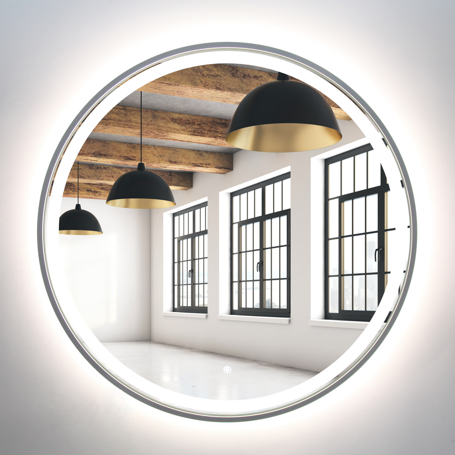 Lustro okrągłe 90cm srebrne rama MDF LED z piaskowaniem