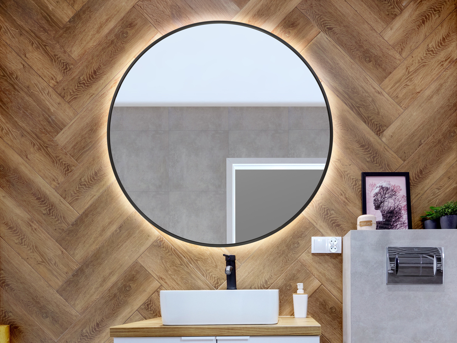 Lustro okrągłe 80cm w czarnej ramie podświetlone LED z włącznikiem