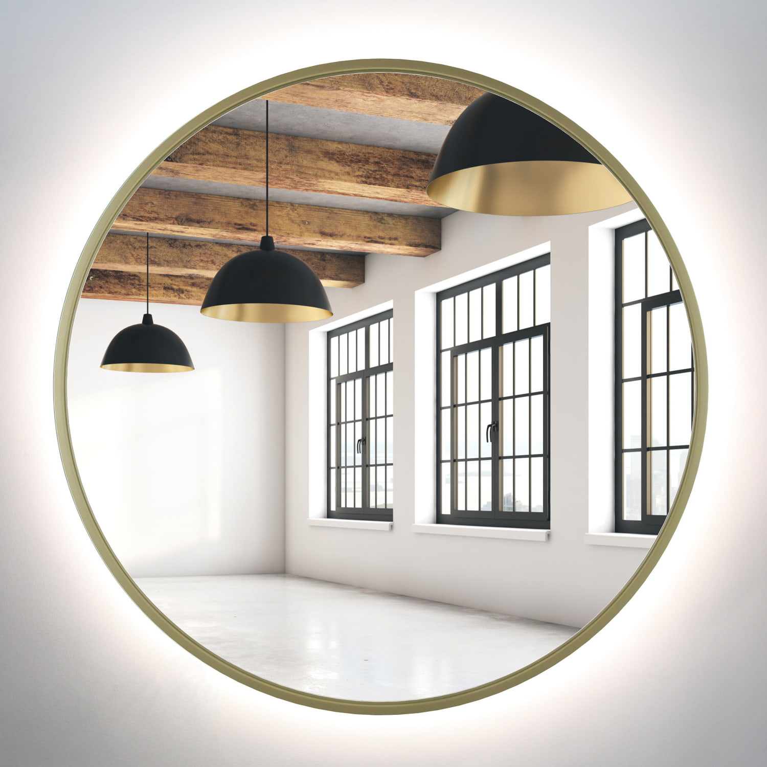 Lustro okrągłe 80cm złote rama MDF LED