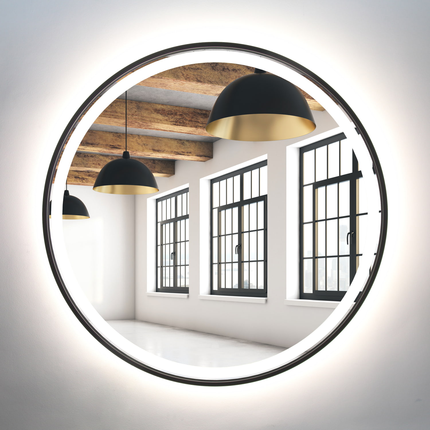 Lustro okrągłe 100cm czarne rama MDF LED z piaskowaniem