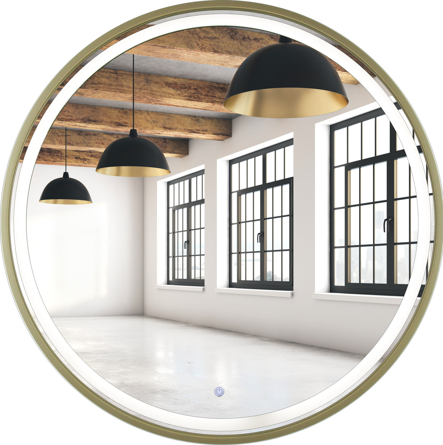 Lustro okrągłe 90cm złote rama MDF LED z piaskowaniem