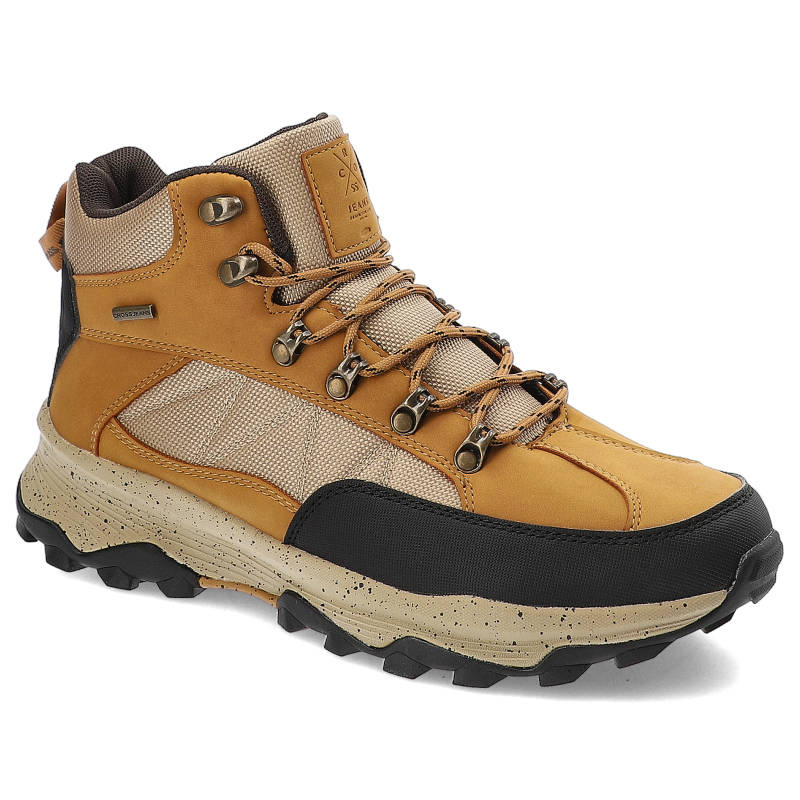 Trekkingi męskie Cross Jeans, ze skóry ekologicznej i tkaniny sznurowane z dodatkowym wzmocnieniem noska, camel, KK1R402...