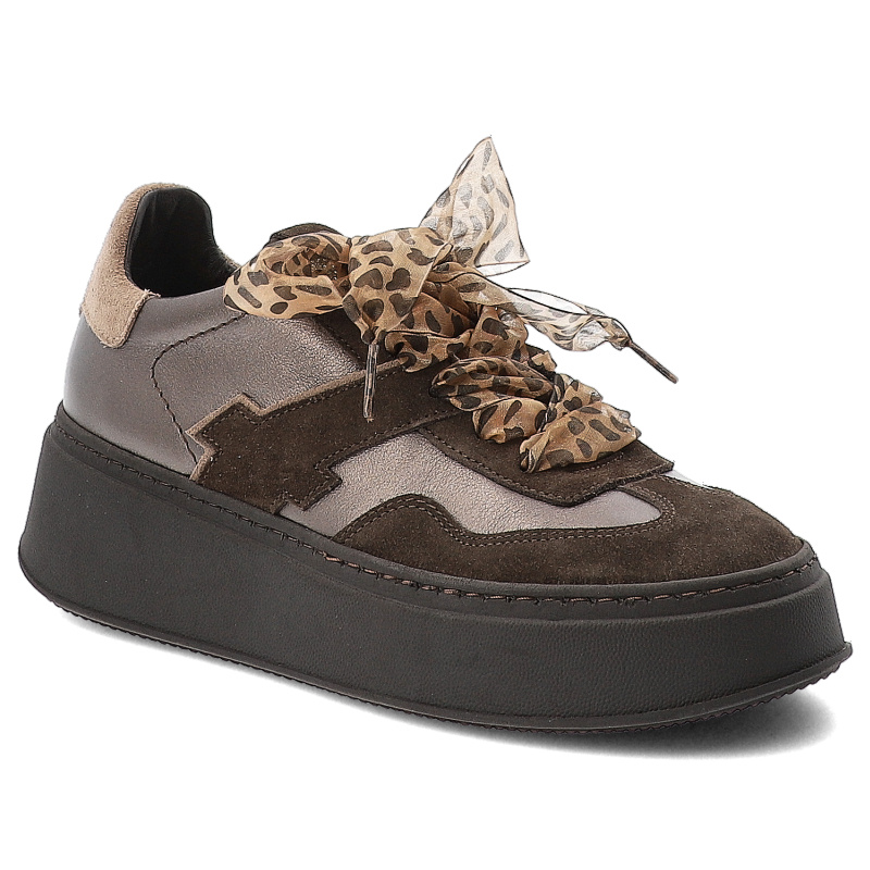 Sneakersy damskie Chebello, na wysokiej platformie skórzane z kokardą w panterkę i sznurowane, brązowe, 4851-105