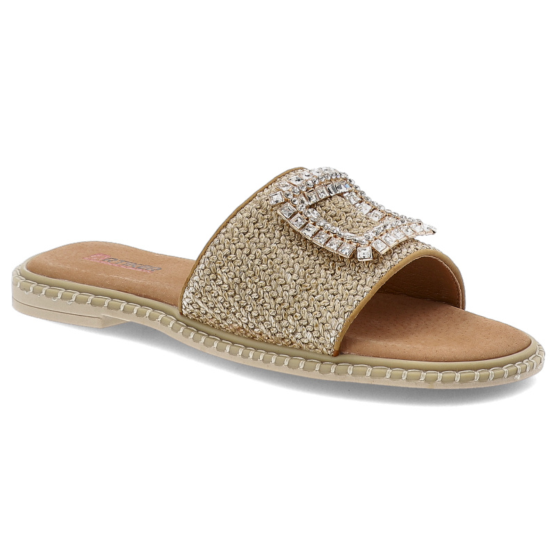 Klapki damskie Artiker, eleganckie boho z ozdobą na płaskim obcasie, brązowe, 56C1337