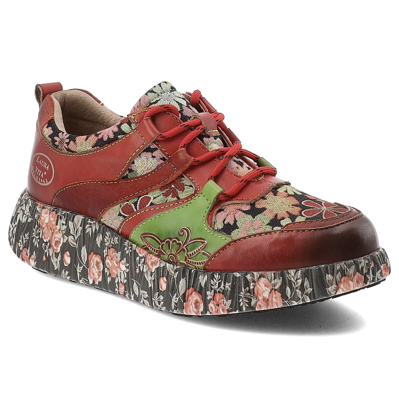 Sneakersy damskie Laura Vita, półbuty na grubej platformie skórzane z ozdobami i sznurowane, czerwone, SL26803-73