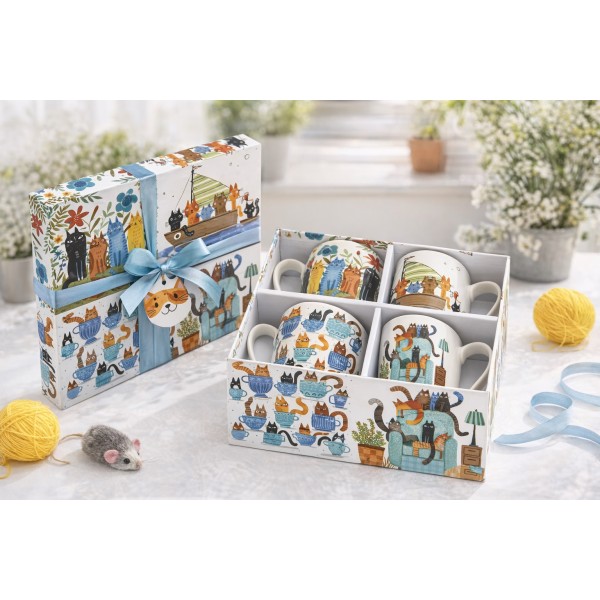 Komplet 4 kubków porcelanowych 360 ml Koci Świat II