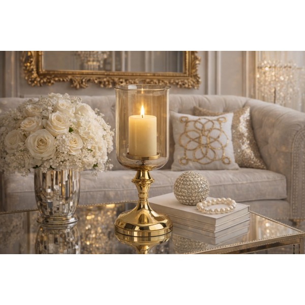 Świecznik szklany 14x14x28 cm złoty bursztynowy