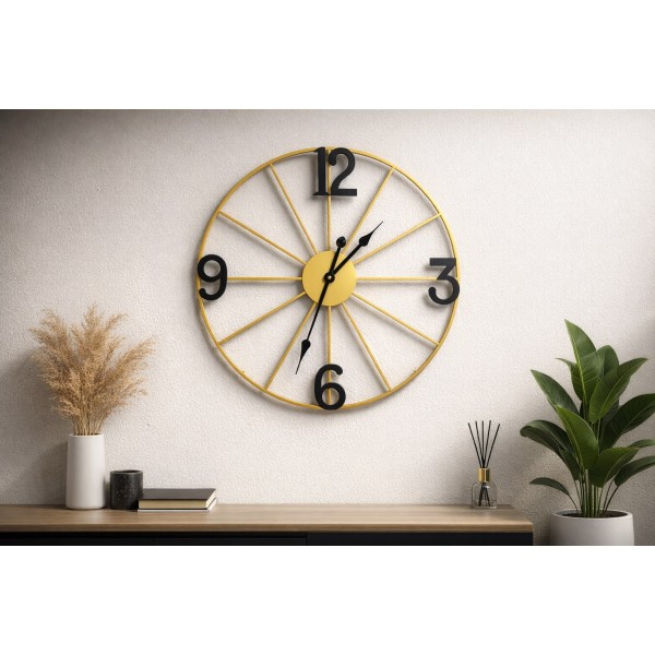 Zegar ścienny 60 cm METALOWY ZŁOTY Z CZARNYMI CYFRAMI