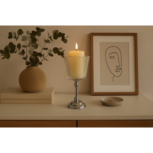 Świecznik szklany na metalowej nodze 27 5cm JKO287