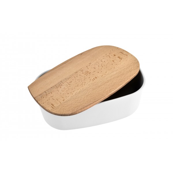 Pojemnik na pieczywo z drewnianą pokrywą biały