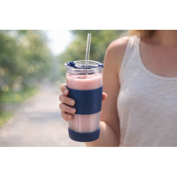 Kubek termiczny szklany ze słomką 600 ml granatowy Fuori 30381