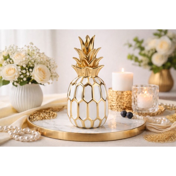 Dekoracja z ceramiki Ananas biało-złoty 164414