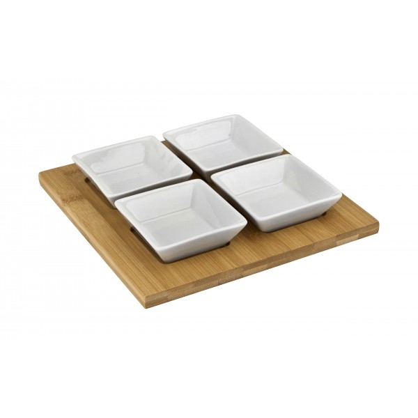 Komplet do serwowania przystawek 4 kwadratowe miseczki + deska
