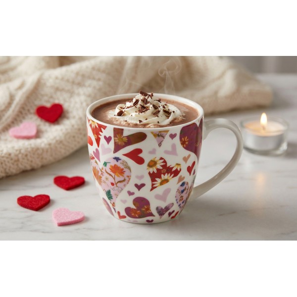 Kubek porcelanowy 460 ml Różowe Serca w koszyczku