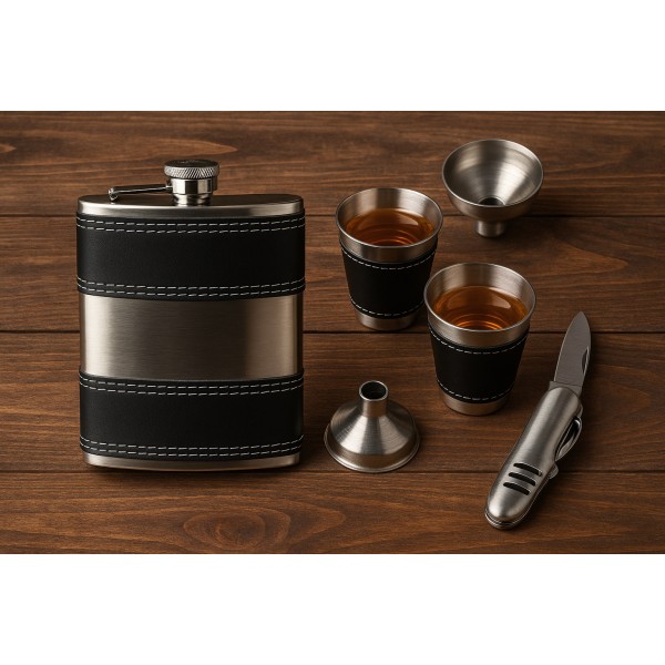 Piersiówka w komplecie  czarno srebrna KW8S4