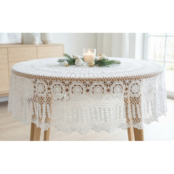 Obrus koronkowy okrągły 170 cm biały – wzór ażurowy