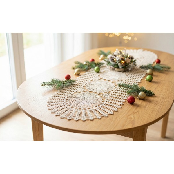 Bieżnik koronkowy 40x90 cm Ecru owalny - wzór ażurowy