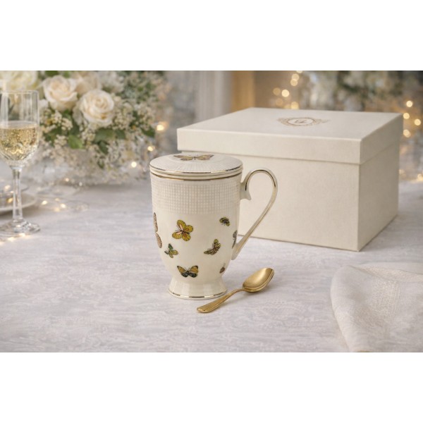 Kubek porcelanowy 400 ml z zaparzaczem Motylki