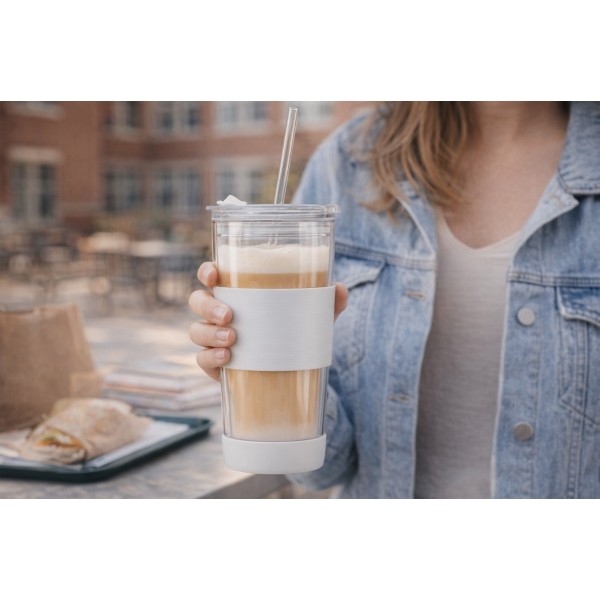 Kubek termiczny szklany ze słomką 600 ml biały Fuori 30404